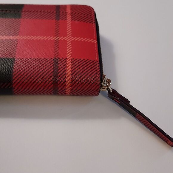 Kate Spade Red Plaid Wallet Saffiano leather zip around - Picture 10 of 12